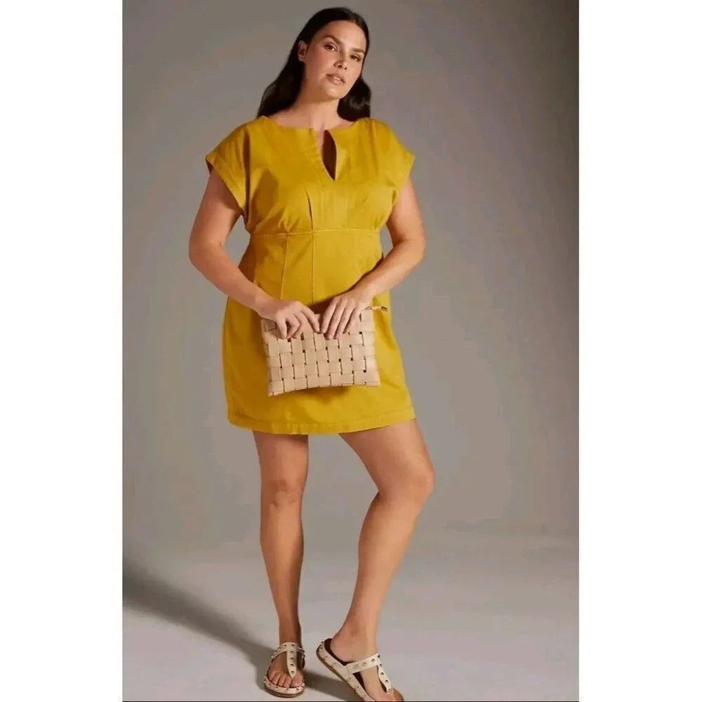 Anthropologie Maeve Corset Twill Shift Dress Lined Yellow Open Back Size 14